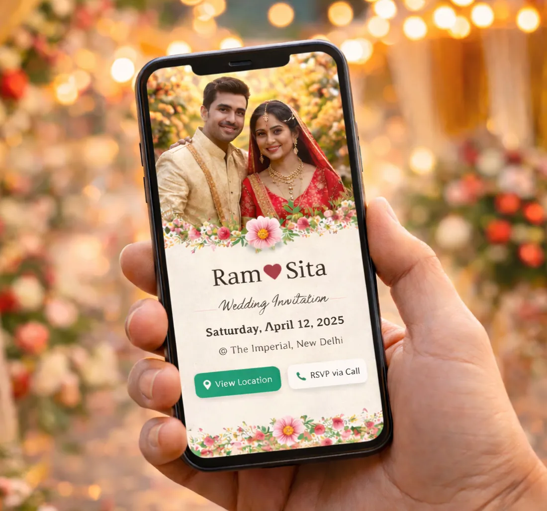A hand holding a phone that shows a digital wedding invitation with a location button and a call button